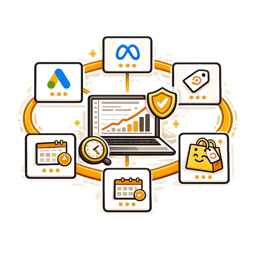 Illustration of accurate analytics and search data feeding Google Ads, Meta, tag manager, store and booking systems