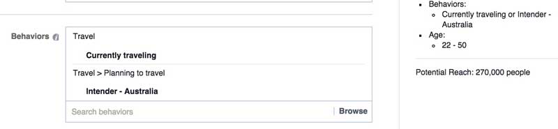 Facebook travel behaviour targeting for in-market guests