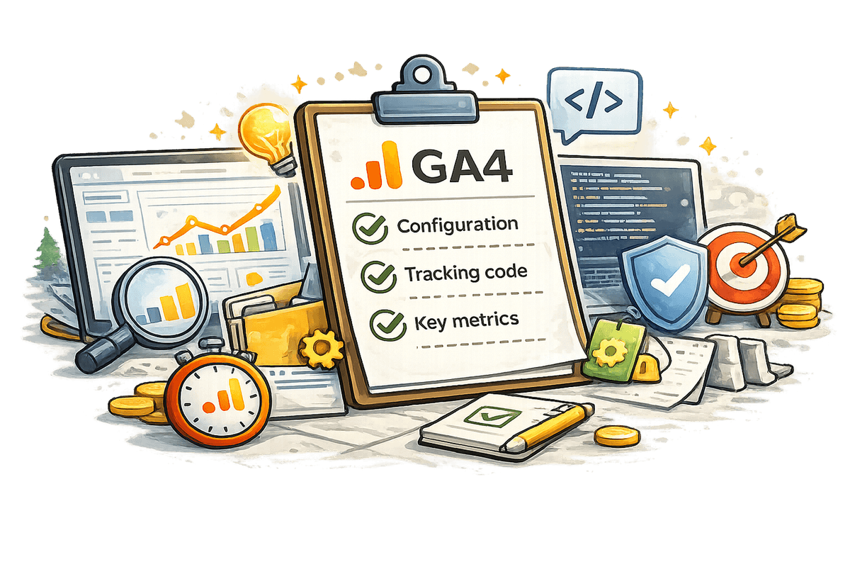 Illustration of a GA4 analytics setup checklist with dashboards and tracking
