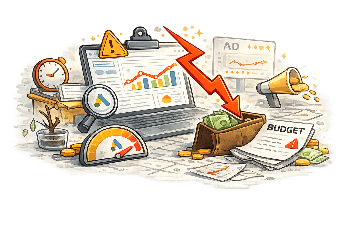 Illustration of Google Ads budgets and spend flowing into results on a dashboard