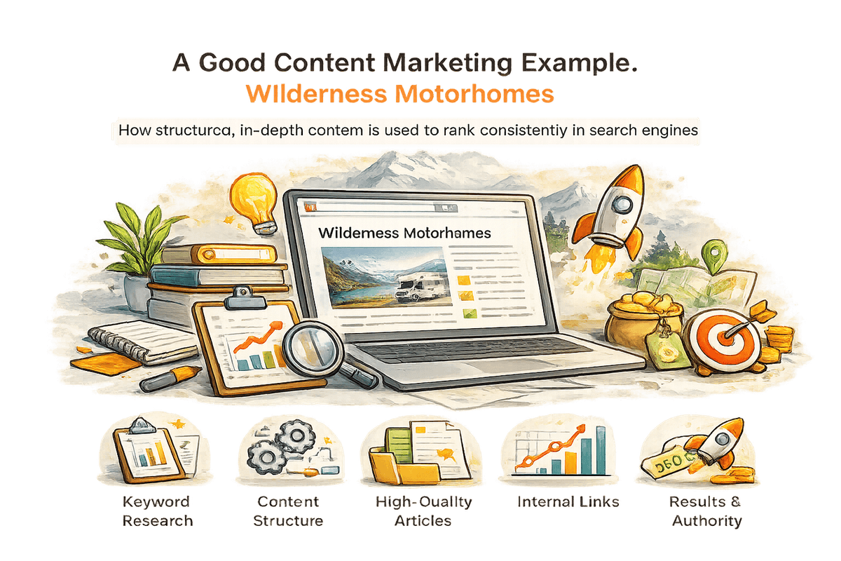 Illustration of content marketing: an article on a laptop surrounded by SEO and content icons