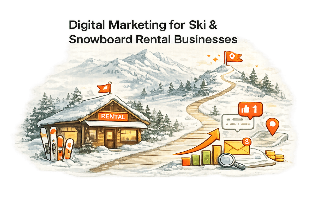 Illustration of a snowy ski rental store and mountain trail with marketing icons