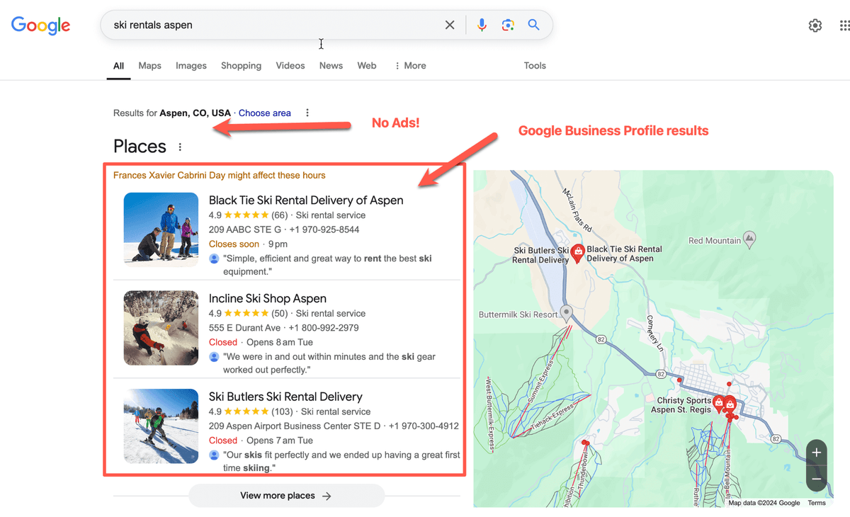 Google search for ski rentals in Aspen showing no ads and Google Business Profile listings at the top
