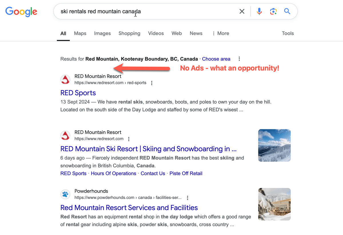 Google search for ski rentals at Red Mountain Canada with no ads running