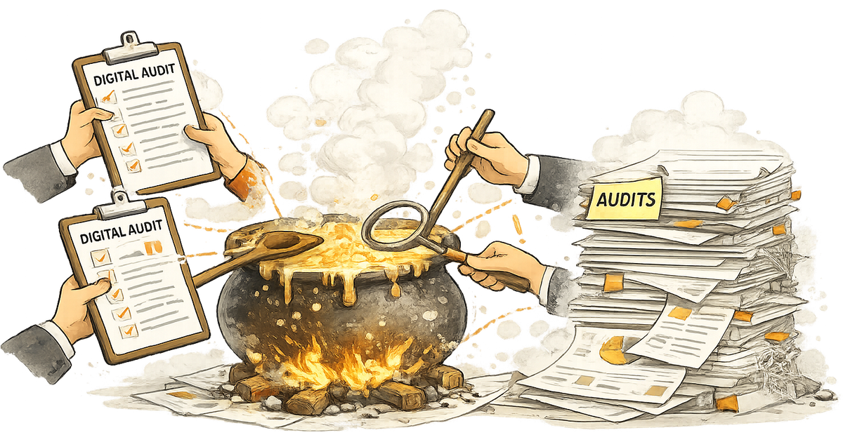 Too many cooks stirring a digital audit broth, illustrating conflicting audits and unclear priorities
