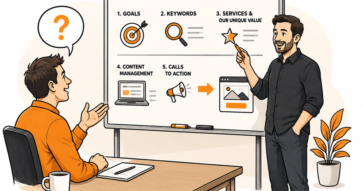 Illustration of a web developer walking a client through goals, keywords, services, content and calls to action