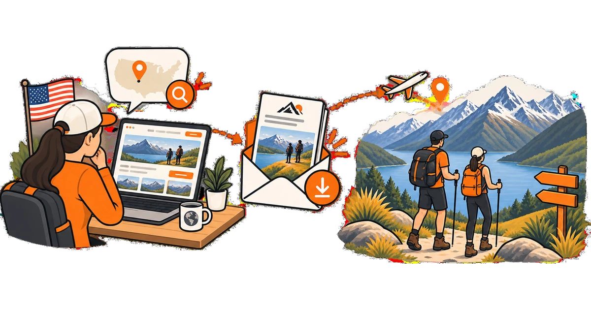 Illustration of an overseas traveller researching New Zealand hiking tours, requesting a brochure, and arriving on the trail