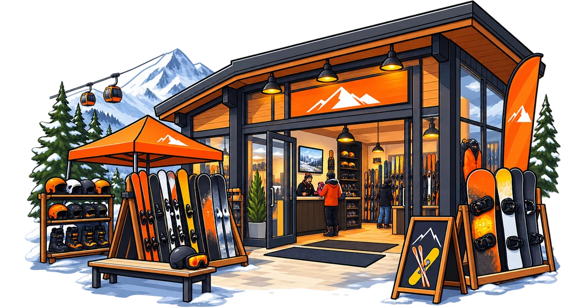 Illustration of an independent ski and snowboard rental shop at a mountain resort, with skis, snowboards, boots and helmets on display outside