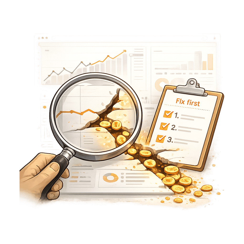 Illustration of a digital marketing audit: a magnifying glass over a dashboard finding where money is being lost across ads, SEO and website performance