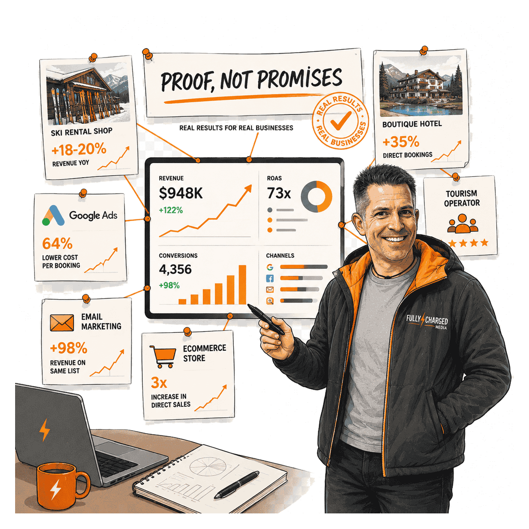 Illustration of Fully Charged Media's real client results across ski rental, tourism and ecommerce