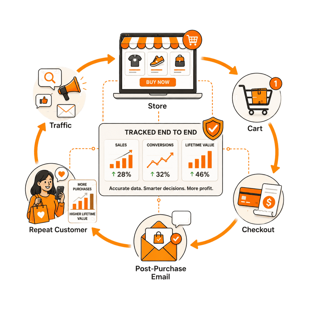 Illustration of a full-funnel ecommerce ecosystem from traffic to repeat purchase, tracked end to end