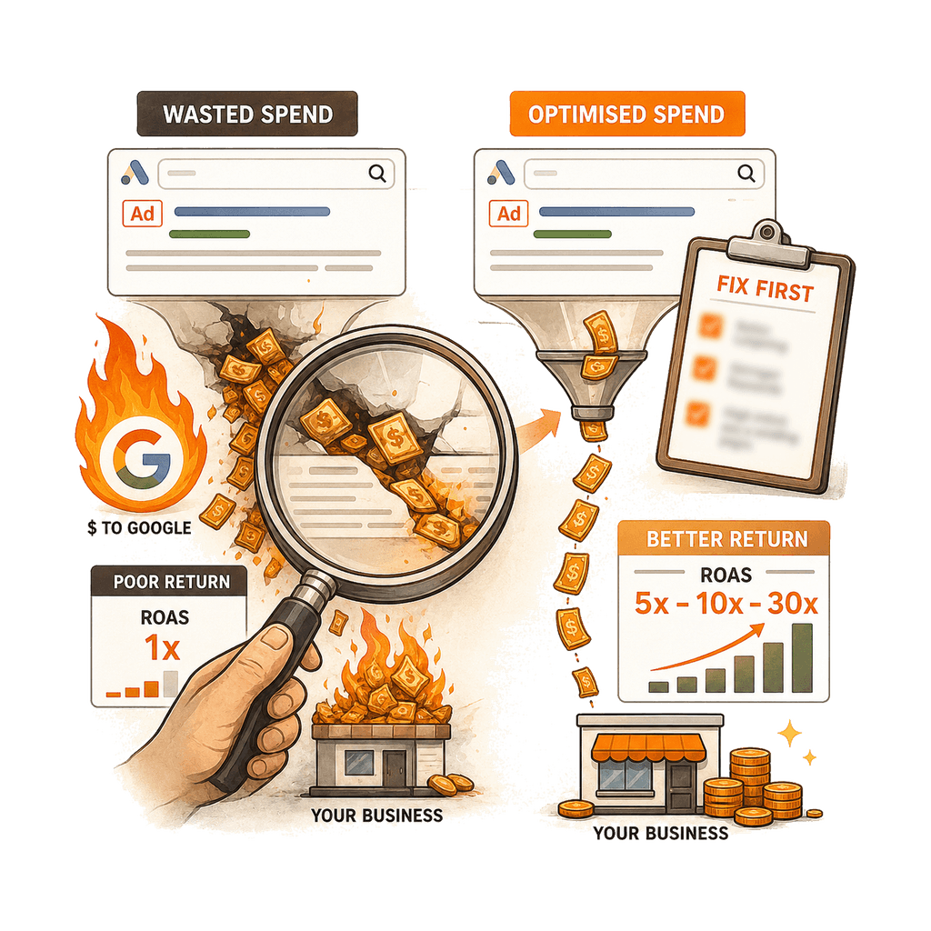 Illustration of a Google Ads audit finding wasted ad spend and improving return on ad spend
