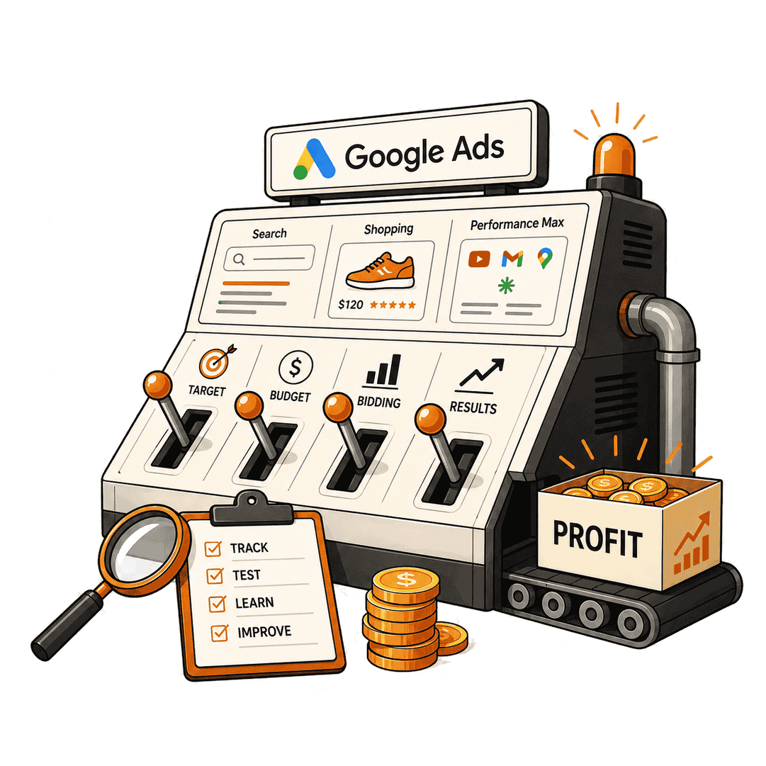 Illustration of Google Ads campaign management across Search, Shopping and Performance Max
