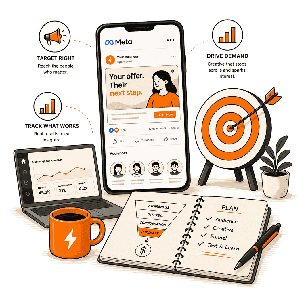 Illustration of Meta ads management for Facebook and Instagram