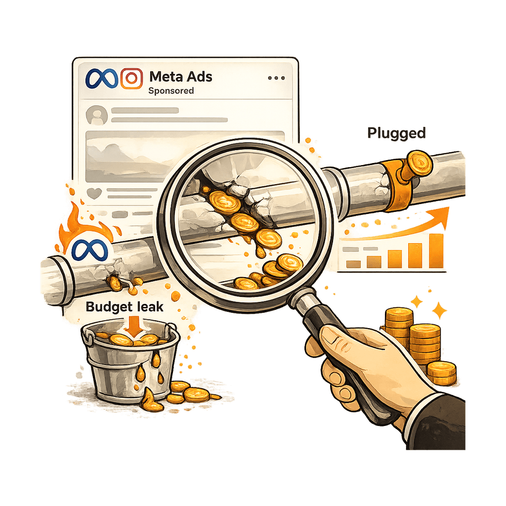 Illustration of a Meta ads audit finding where Facebook and Instagram ad budget is leaking