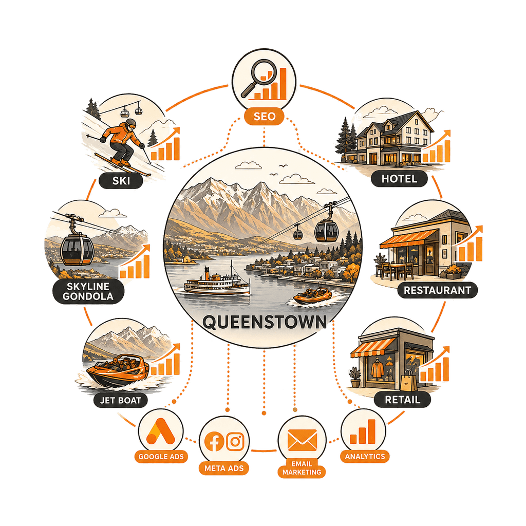 Illustration of the Queenstown business ecosystem: local sectors linked by digital marketing, with Fully Charged Media at the hub