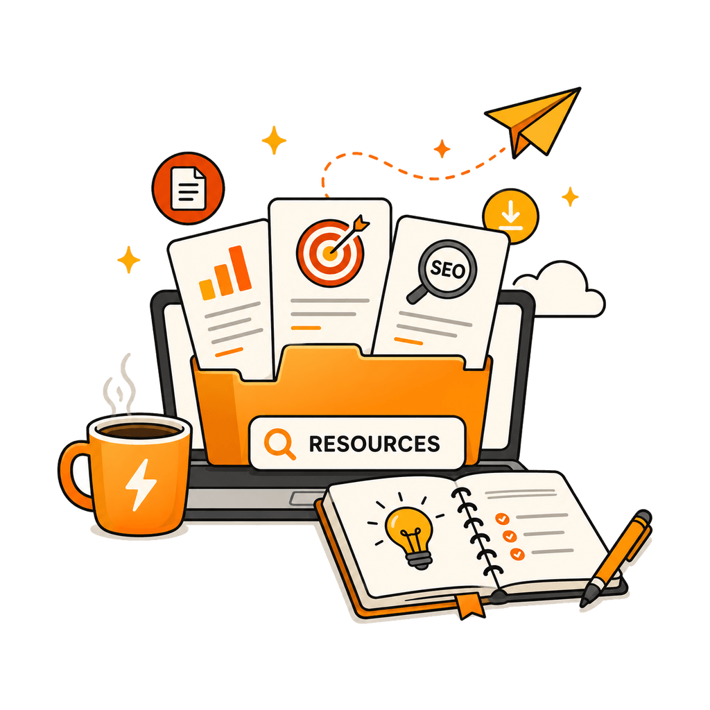 Illustration of free digital marketing resources: guides, templates and SEO tools