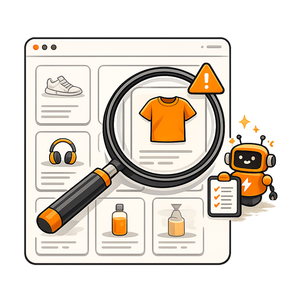 Illustration of a Shopify catalogue and AI shopping audit finding product issues that cost sales