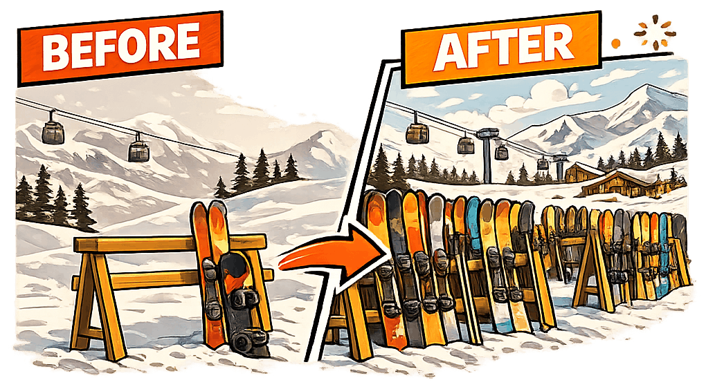 Before and after chart of a ski and snowboard rental store growing its market share