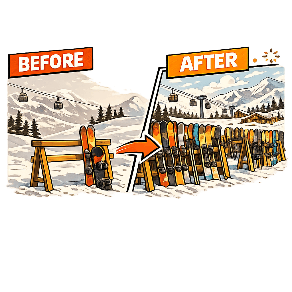 Before and after illustration of an independent ski and snowboard rental store winning back market share with marketing