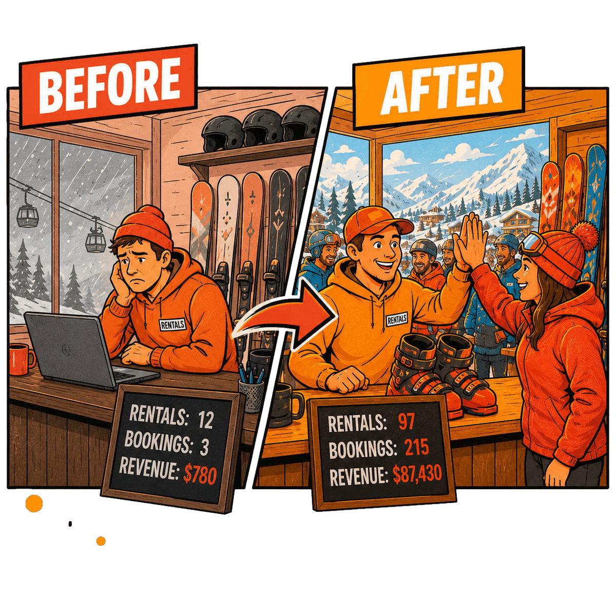 Ski and snowboard rental store marketing strategy illustration