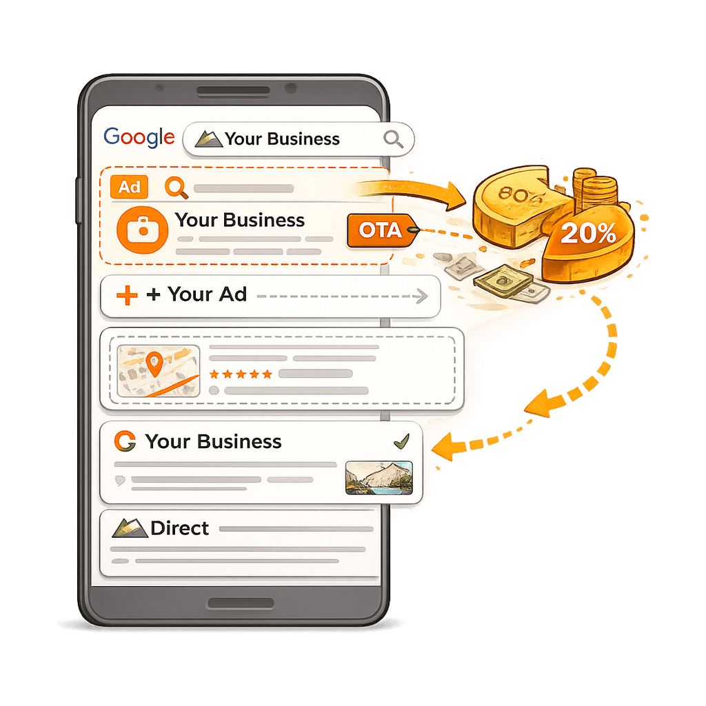 Search results showing an OTA bidding on a tourism operator's brand name and taking commission, versus the operator's own direct listing