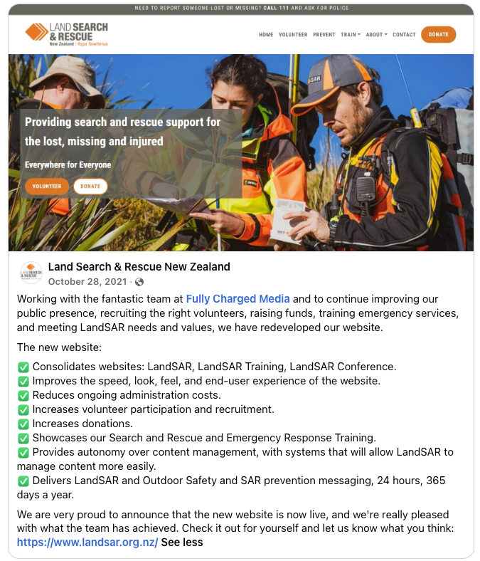 Land Search and Rescue New Zealand's Facebook post announcing their new Fully Charged Media website: it consolidates their websites, improves speed and experience, reduces admin costs, increases volunteer recruitment and donations, and gives them control over their own content