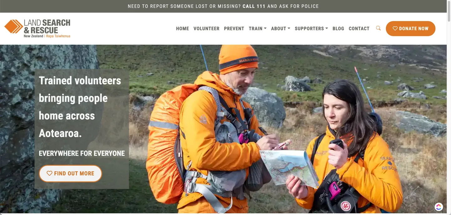 The Land Search and Rescue New Zealand website homepage