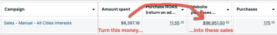 Meta Ads results: $8,397 of spend into $96,951 in sales, an 11.55x return