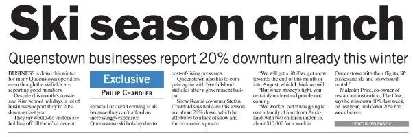 Newspaper article: Queenstown businesses report a 20% downturn this winter